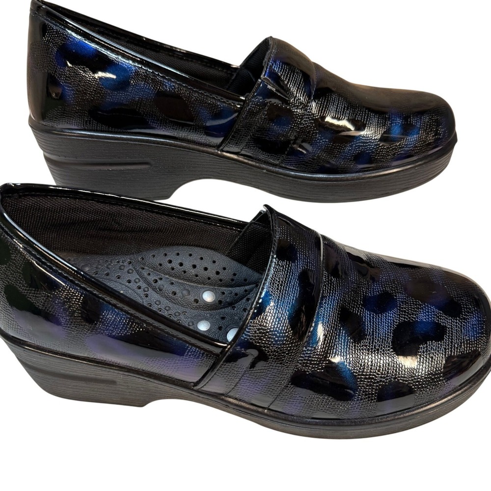 Laforst Jaime Womens Size 8 Slip Resistant Black Blue Clogs Leopard‎